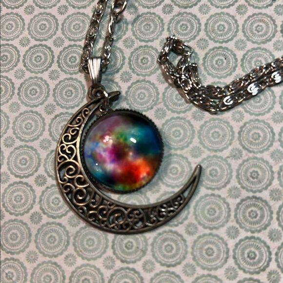 Silver Crescent Moon Necklace with Multicolor Pendant - Picture 2 of 5